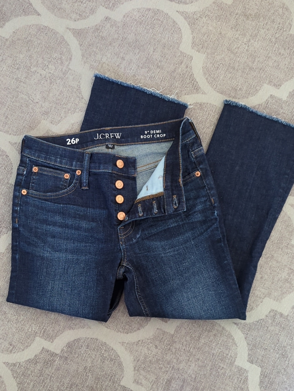 J. Crew Dark Blue 9" Demi Rise Boot Crop Jeans Size 26P Button Fly Frey Hem